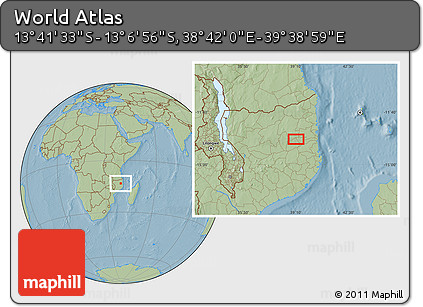 Savanna Style Location Map of the Area around 13° 24' 15" S, 39° 10' 29" E, hill shading