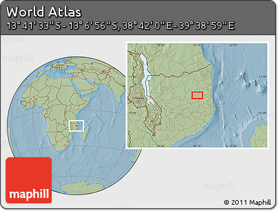 Savanna Style Location Map of the Area around 13° 24' 15" S, 39° 10' 29" E, hill shading