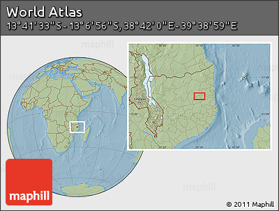 Savanna Style Location Map of the Area around 13° 24' 15" S, 39° 10' 29" E, hill shading