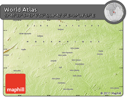Physical Map of the Area around 13° 24' 15" S, 39° 10' 29" E