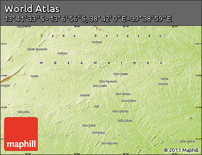 Physical Map of the Area around 13° 24' 15" S, 39° 10' 29" E
