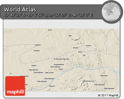 Shaded Relief 3D Map of the Area around 13° 24' 15" S, 40° 1' 29" E