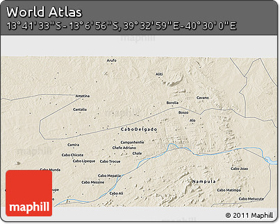 Shaded Relief 3D Map of the Area around 13° 24' 15" S, 40° 1' 29" E
