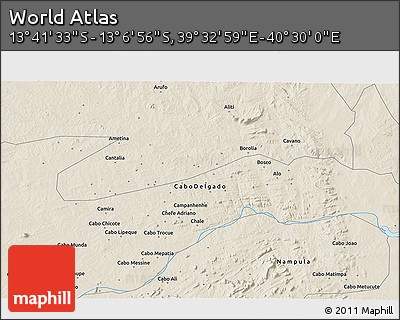 Shaded Relief 3D Map of the Area around 13° 24' 15" S, 40° 1' 29" E