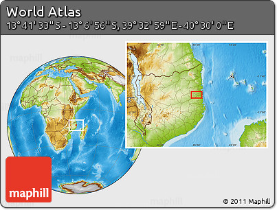 Physical Location Map of the Area around 13° 24' 15" S, 40° 1' 29" E
