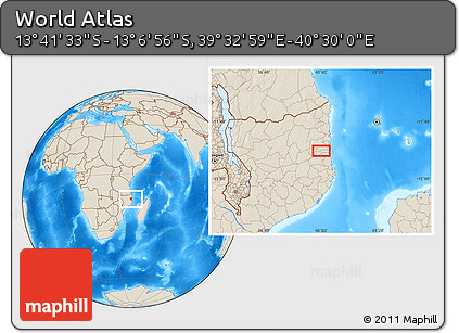 Shaded Relief Location Map of the Area around 13° 24' 15" S, 40° 1' 29" E