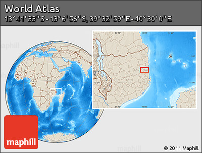Shaded Relief Location Map of the Area around 13° 24' 15" S, 40° 1' 29" E
