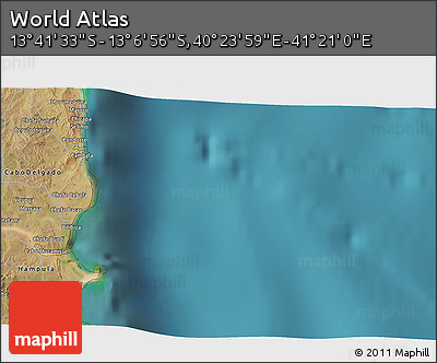 Satellite 3D Map of the Area around 13° 24' 15" S, 40° 52' 30" E