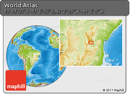Physical Location Map of the Area around 13° 24' 15" S, 41° 34' 30" W