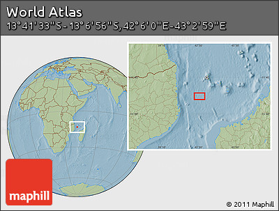 Savanna Style Location Map of the Area around 13° 24' 15" S, 42° 34' 30" E, hill shading
