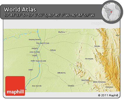 Physical 3D Map of the Area around 13° 24' 15" S, 43° 16' 29" W