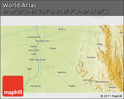 Physical 3D Map of the Area around 13° 24' 15" S, 43° 16' 29" W