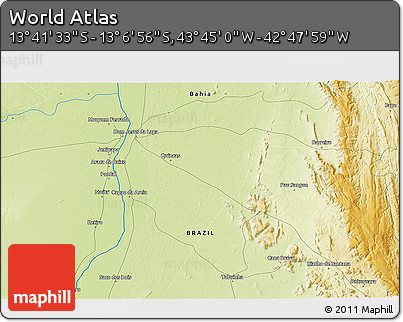 Physical 3D Map of the Area around 13° 24' 15" S, 43° 16' 29" W