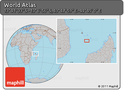Gray Location Map of the Area around 13° 24' 15" S, 44° 16' 29" E