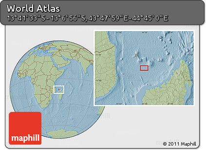 Savanna Style Location Map of the Area around 13° 24' 15" S, 44° 16' 29" E, hill shading