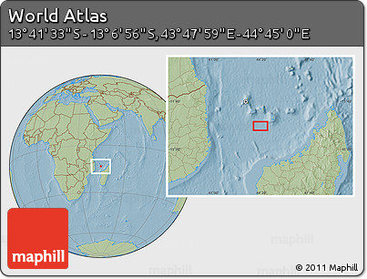 Savanna Style Location Map of the Area around 13° 24' 15" S, 44° 16' 29" E, hill shading