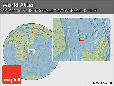 Savanna Style Location Map of the Area around 13° 24' 15" S, 44° 16' 29" E, hill shading