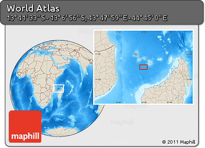 Shaded Relief Location Map of the Area around 13° 24' 15" S, 44° 16' 29" E