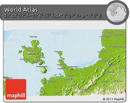 Physical 3D Map of the Area around 13° 24' 15" S, 48° 31' 29" E