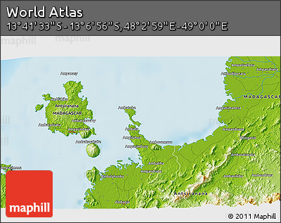 Physical 3D Map of the Area around 13° 24' 15" S, 48° 31' 29" E