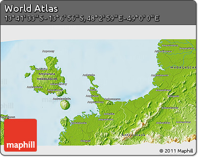 Physical 3D Map of the Area around 13° 24' 15" S, 48° 31' 29" E