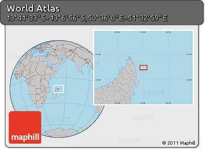 Gray Location Map of the Area around 13° 24' 15" S, 51° 4' 30" E