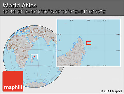 Gray Location Map of the Area around 13° 24' 15" S, 51° 4' 30" E