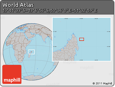 Gray Location Map of the Area around 13° 24' 15" S, 51° 4' 30" E
