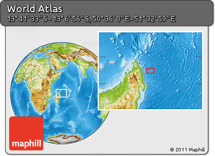 Physical Location Map of the Area around 13° 24' 15" S, 51° 4' 30" E
