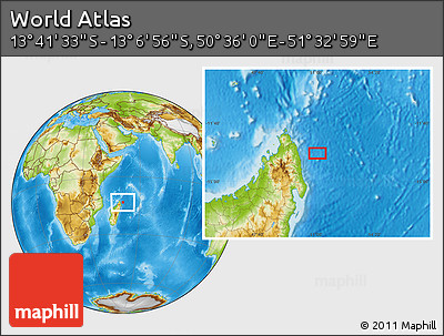 Physical Location Map of the Area around 13° 24' 15" S, 51° 4' 30" E