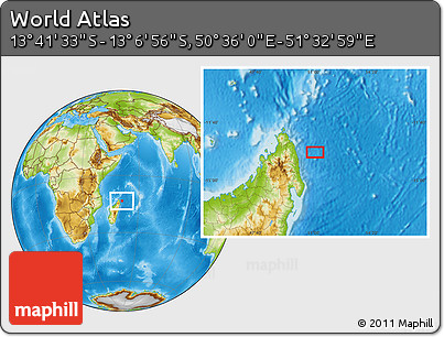 Physical Location Map of the Area around 13° 24' 15" S, 51° 4' 30" E
