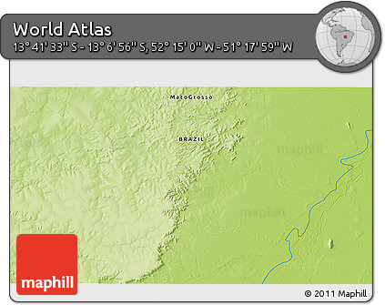 Physical 3D Map of the Area around 13° 24' 15" S, 51° 46' 29" W
