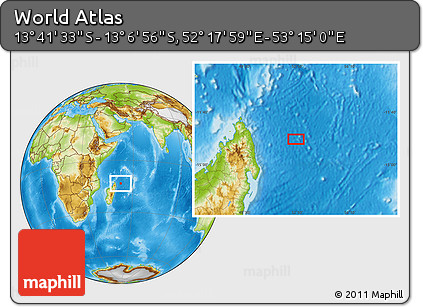 Physical Location Map of the Area around 13° 24' 15" S, 52° 46' 29" E