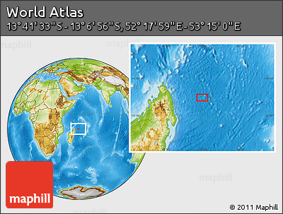 Physical Location Map of the Area around 13° 24' 15" S, 52° 46' 29" E