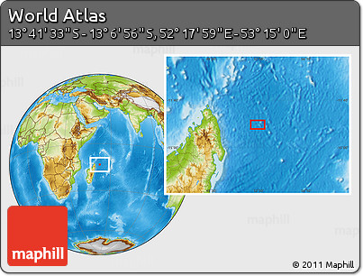 Physical Location Map of the Area around 13° 24' 15" S, 52° 46' 29" E