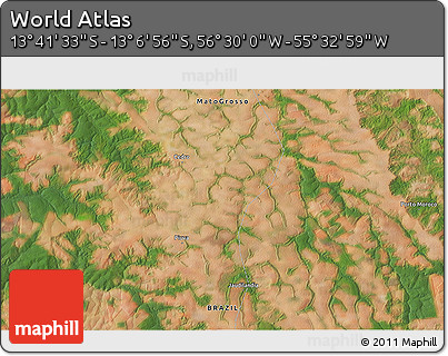 Satellite 3D Map of the Area around 13° 24' 15" S, 56° 1' 29" W