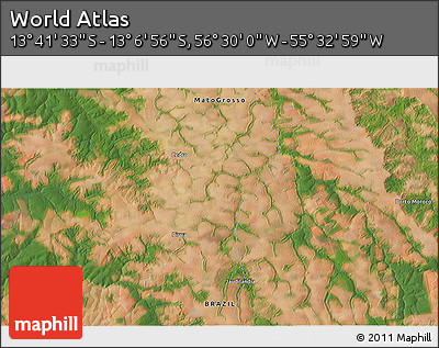 Satellite 3D Map of the Area around 13° 24' 15" S, 56° 1' 29" W