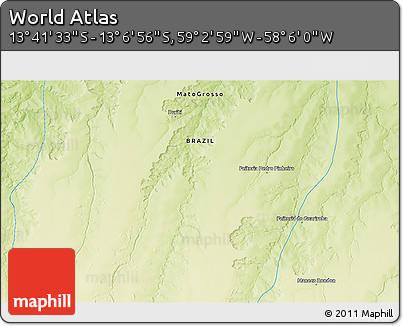 Physical 3D Map of the Area around 13° 24' 15" S, 58° 34' 30" W