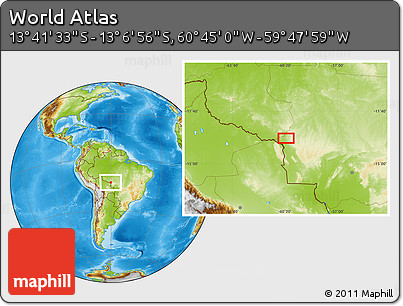 Physical Location Map of the Area around 13° 24' 15" S, 60° 16' 29" W