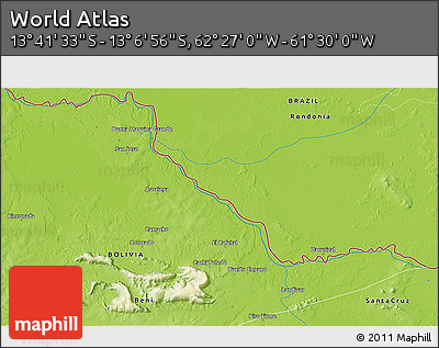 Physical 3D Map of the Area around 13° 24' 15" S, 61° 58' 30" W