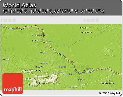 Physical 3D Map of the Area around 13° 24' 15" S, 61° 58' 30" W