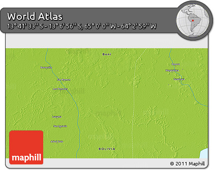 Physical 3D Map of the Area around 13° 24' 15" S, 64° 31' 30" W
