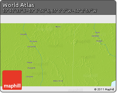 Physical 3D Map of the Area around 13° 24' 15" S, 64° 31' 30" W