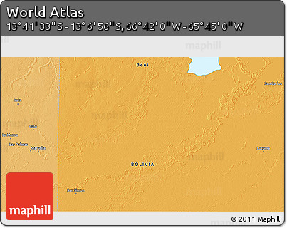 Political 3D Map of the Area around 13° 24' 15" S, 66° 13' 29" W