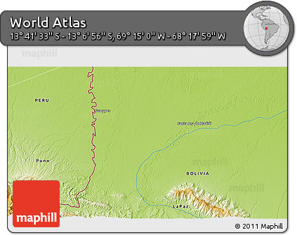 Physical 3D Map of the Area around 13° 24' 15" S, 68° 46' 30" W