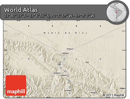 Shaded Relief Map of the Area around 13° 24' 15" S, 69° 37' 30" W