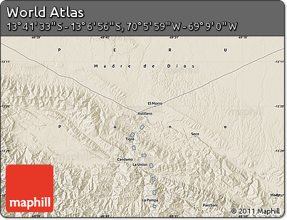 Shaded Relief Map of the Area around 13° 24' 15" S, 69° 37' 30" W