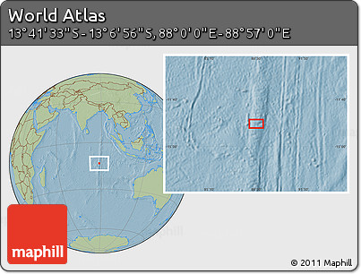 Savanna Style Location Map of the Area around 13° 24' 15" S, 88° 28' 29" E, hill shading