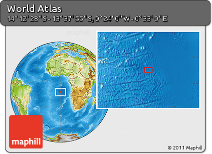 Physical Location Map of the Area around 13° 55' 11" S, 0° 4' 30" E