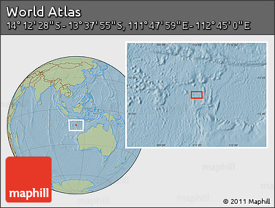 Savanna Style Location Map of the Area around 13° 55' 11" S, 112° 16' 30" E, hill shading